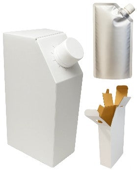 Teeflasche aus Wellpappe, weiß, mit silbernem Ausgießerbeutel und 20-mm-Verschluss